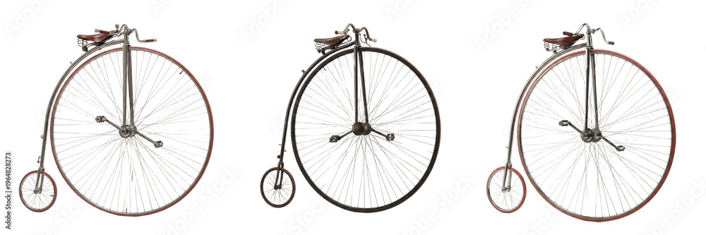 Ταπετσαρία Set of vintage penny farthing bicycles isolated on white background, 3D rendering of classic high wheeler antique cycles from various angles