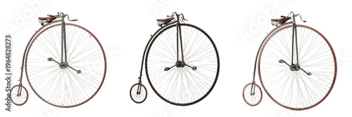 Φωτογραφία Set of vintage penny farthing bicycles isolated on white background, 3D rendering of classic high wheeler antique cycles from various angles