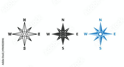 Three different compass rose icons in black and blue on a white background with directional arrows.