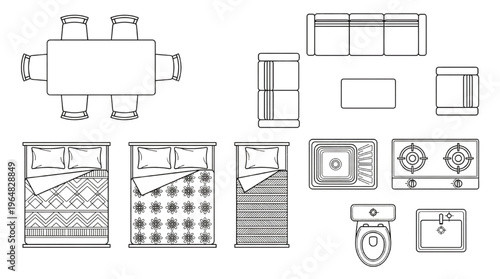 Top View Interior Furniture Floor Plan Vector Set: Bed, Sofa, Kitchen, and Bathroom Blueprint Symbols