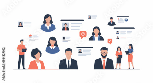 Business Professionals Networking with Profiles and Messages in Modern Team Environment