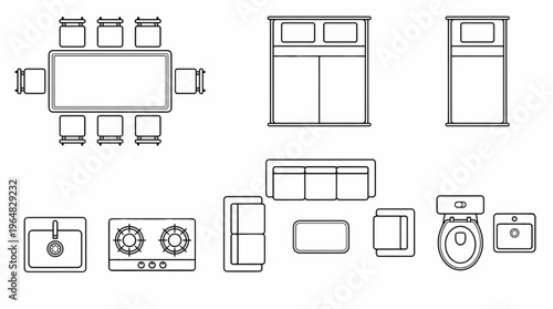 Top View Interior Furniture and Plumbing Floor Plan Symbols: Blueprint CAD Line Art Vector Set. Bed, Sofa, Couch, Chair, Table, Sink, Stove, Toilet, Washbasin, Armchair, Commode