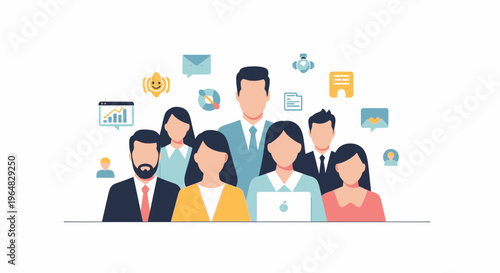 Multicultural business team with communication icons and laptop