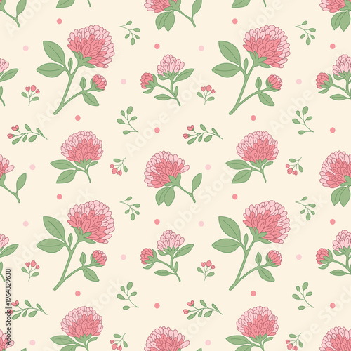 Floral shabby chic style background with delicate pink flowers for pajamas, textiles, wallpaper, bed linen and romantic interior. Blooming clover seamless pattern.