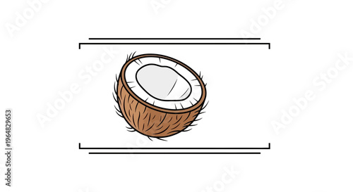 Vibrant illustration of a tropical coconut half with creamy white flesh inside a brown fibrous shell