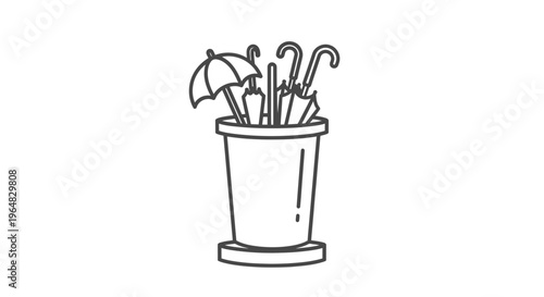 Minimalist line art illustration depicting an organized collection of various umbrellas within a