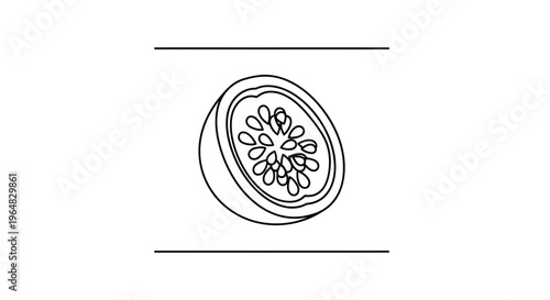Minimalist black line art drawing of a fresh tropical passion fruit half with seeds graphic