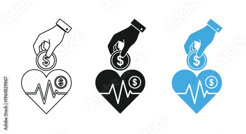 Flat lay of three colored icons depicting hands exchanging money for hearts with ECG lines on a white background.