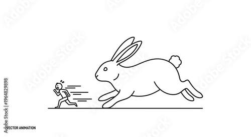 An oversized rabbit swiftly pursuing a frantic tiny human figure illustrating disproportionate