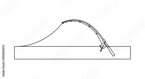 Minimalist line art illustration of a fishing rod with a taut line ready for action design element