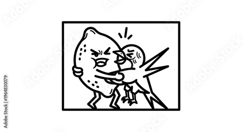 Intense cartoon confrontation between an angry anthropomorphic lemon and a fierce attacking bird