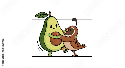 Whimsical cartoon avocado defending its core against a small hungry bird in a cute struggle of wills