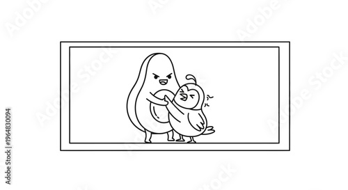 Avocado character asserting dominance over a distressed small bird in playful cartoon