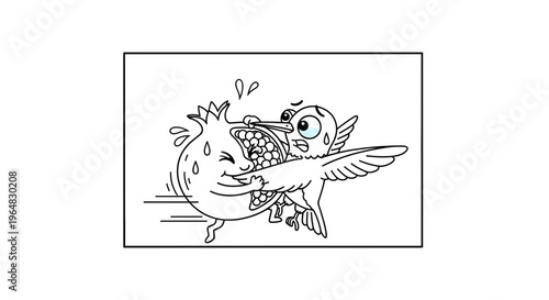 A humorous cartoon illustration of an energetic hummingbird trying to extract nectar from a