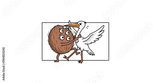 A whimsical cartoon illustration depicting an animated coconut engaged in a comical struggle with