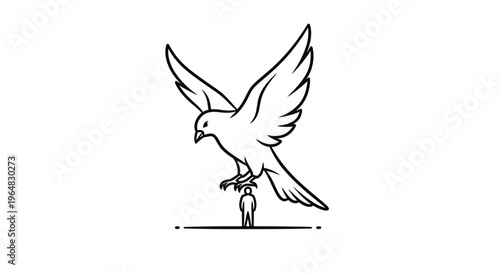 Minimalist graphic depicting a towering avian presence observing a solitary human figure,