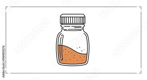 Minimalist illustration of a small clear bottle containing granular brown powder with a textured cap