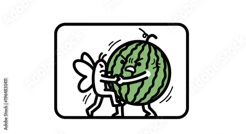 Whimsical struggle between an angry cartoon watermelon and a persistent, tiny flying character