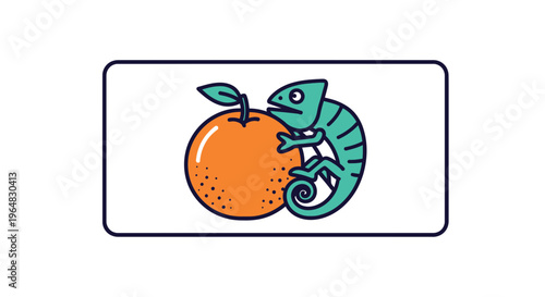 Vibrant cartoon chameleon illustration playfully perched on a juicy orange fruit icon graphic design