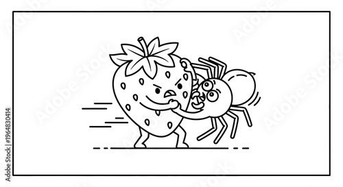 Cartoon strawberry aggressively confronts a startled spider in a playful, humorous line art
