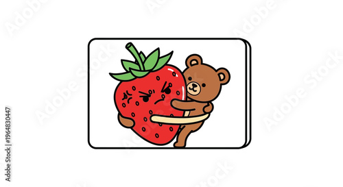 Adorable brown bear tightly embracing a cartoon strawberry with a comically grumpy expression