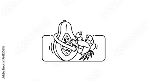 Charming line art of a friendly crab embracing a tropical papaya in a delightful, unexpected hug