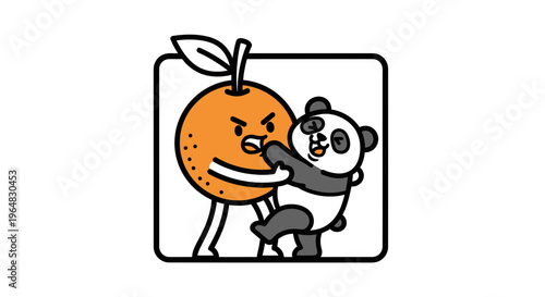 Whimsical cartoon battle between an expressive orange character and a playful panda embracing