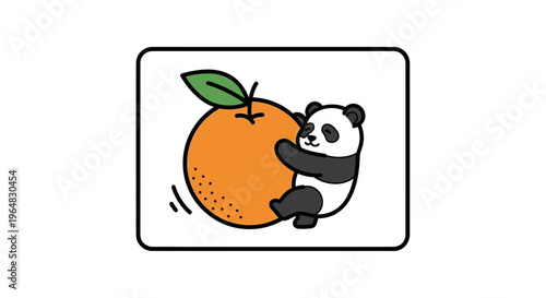 Adorable cartoon panda embracing a vibrant orange fruit, illustrating cute healthy eating habits