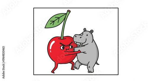 A humorous cartoon illustration of an angry cherry pushing back against a smiling hippo character