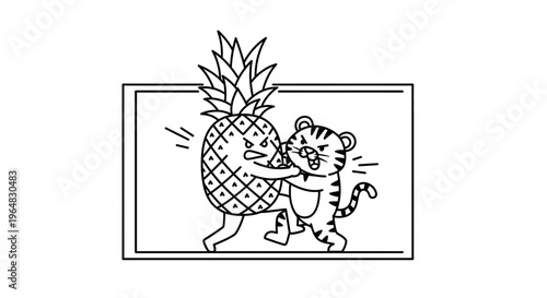Whimsical conflict: angry pineapple versus a feisty tiger cub in a playful black and white line