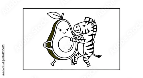 Playful cartoon scene featuring an angry avocado character pushing a surprised zebra illustration