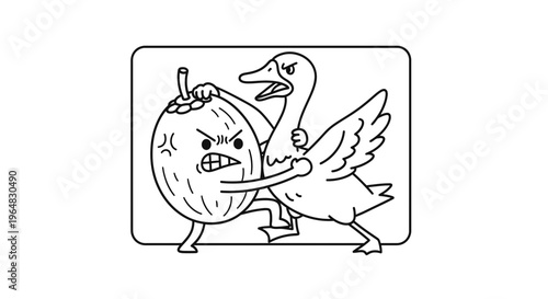 Comical clash between an anthropomorphic angry coconut and a fierce duck in a playful fight scene