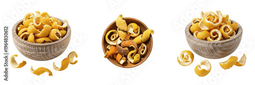 Bild auf Leinwand Dried lemon peel in wooden bowl isolated on white background, Citrus limon nimbu