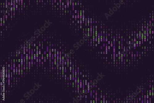 Abstract quantum computing data stream with purple and green binary code encryption pattern