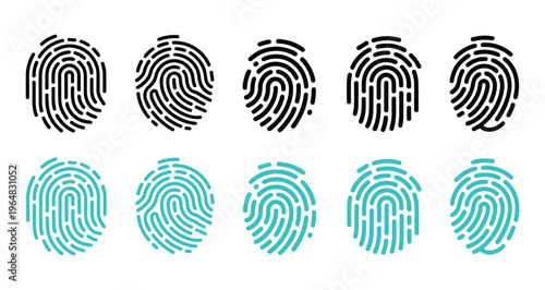 Ten fingerprint arranged in two rows of five with black and cyan blue colors on a white background featuring distinct ridge patterns and loop whorl shapes for biometric identification