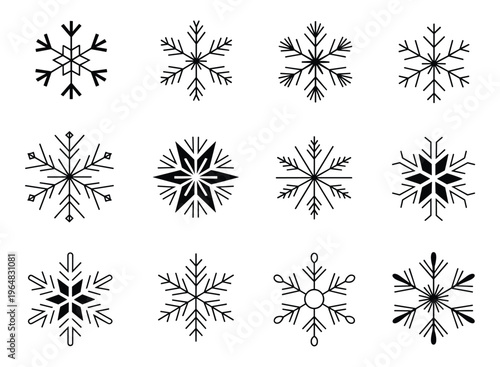 Twelve black snowflake arranged in a grid pattern featuring various geometric shapes lines and symmetrical crystalline structures isolated on a white background