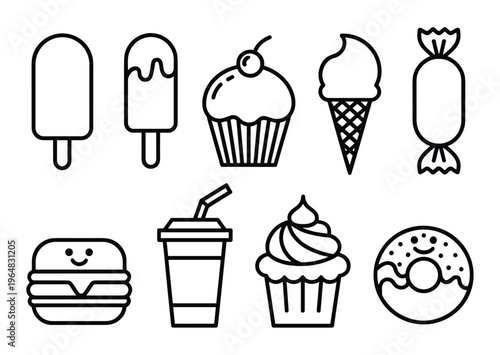 Set of black and white line featuring various sweet treats and fast food including popsicles cupcakes ice cream candy a smiling hamburger a soda cup and a frosted donut