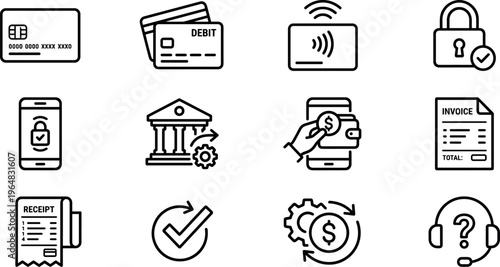 Financial and digital payment outline icons set including credit card debit card contactless payment security lock mobile payment online banking invoice receipt transaction approval and customer suppo