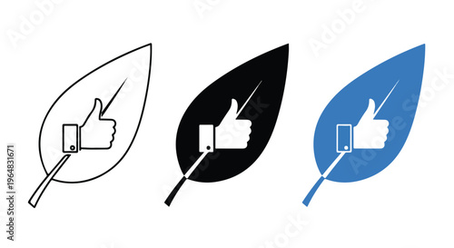 Three leaf-shaped social media icons in black, blue, and grayscale with thumbs up symbols on a white background.