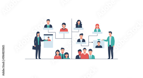 Team organizational chart with interconnected portraits and supervisor figures