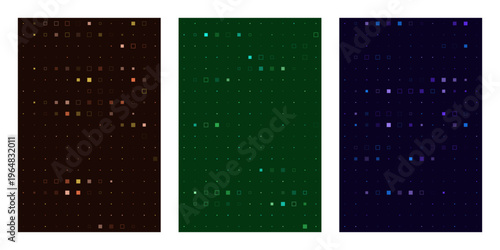 Quantum Computing Data Stream Abstract Background with Glowing Digital Matrix Grids in Three Colors