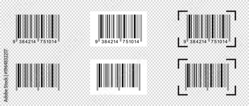 Collection of barcode stickers with scanner frames. Bar code labels isolated on transparent background. Visual data digital representation with product information. Vector graphic illustration