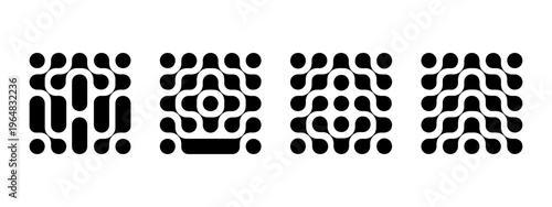 Set of meta ball patterns. Black linked liquid drops or round amorphous shapes isolated on white background. Connected neurons, molecules or cells. Modern abstract print. Vector graphic illustration.