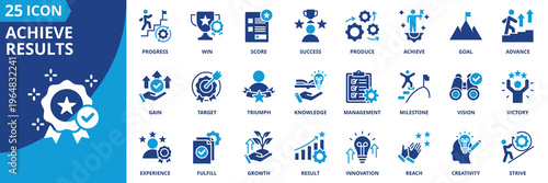 achieve results icon set collection in solid glyph dual color style. pack contain progress, triumph, innovation, win, growth, creativity, achieve, gain, vision, reach icon