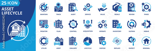asset lifecycle icon set collection in solid glyph dual color style. pack contain asset, lifecycle, track, value, phase, service, maintain, repair, replace, audit icon
