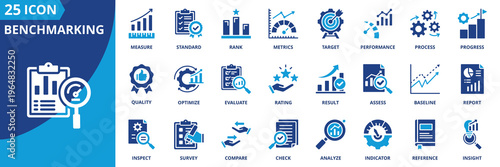 benchmarking icon set collection in solid glyph dual color style. pack contain compare, metrics, analyze, rank, standard, target, measure, insight, performance, evaluate icon