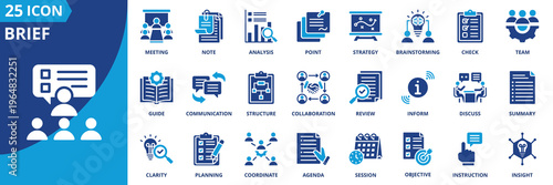 brief icon set collection in solid glyph dual color style. pack contain inform, discuss, planning, collaboration, agenda, team, note, insight, session, meeting icon