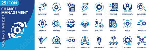 change management icon set collection in solid glyph dual color style. pack contain adapt, transition, strategy, lead, implement, plan, control, communicate, organize, execute icon
