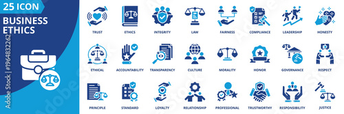 business ethics icon set collection in solid glyph dual color style. pack contain ethics, integrity, honesty, trust, fairness, accountability, responsibility, transparency, morality, compliance icon