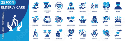 elderly care icon set collection in solid glyph dual color style. pack contain home, companion, long term, care, treatment, aid, checkup, care, smile, meal icon